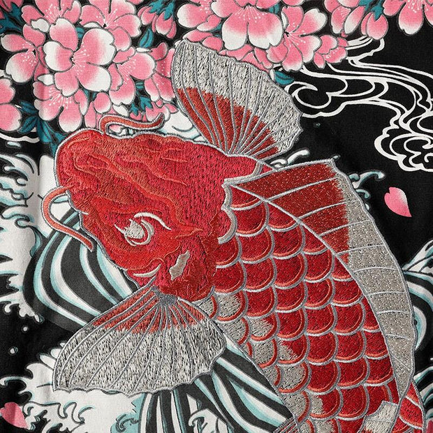 Red Koi Sakura Embroidery T-Shirt