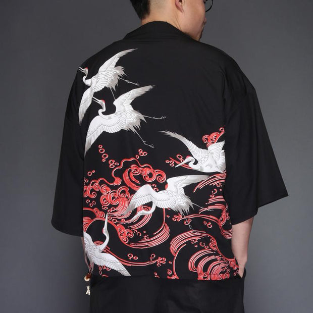 White Crane Kimono Cardigan Shirt