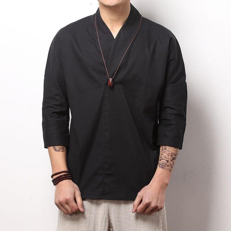 Black V-Neck Causal Kimono Shirt (No Buttons)