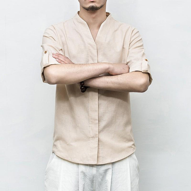 Brown V-Neck Causal Kimono Shirt (With Buttons)
