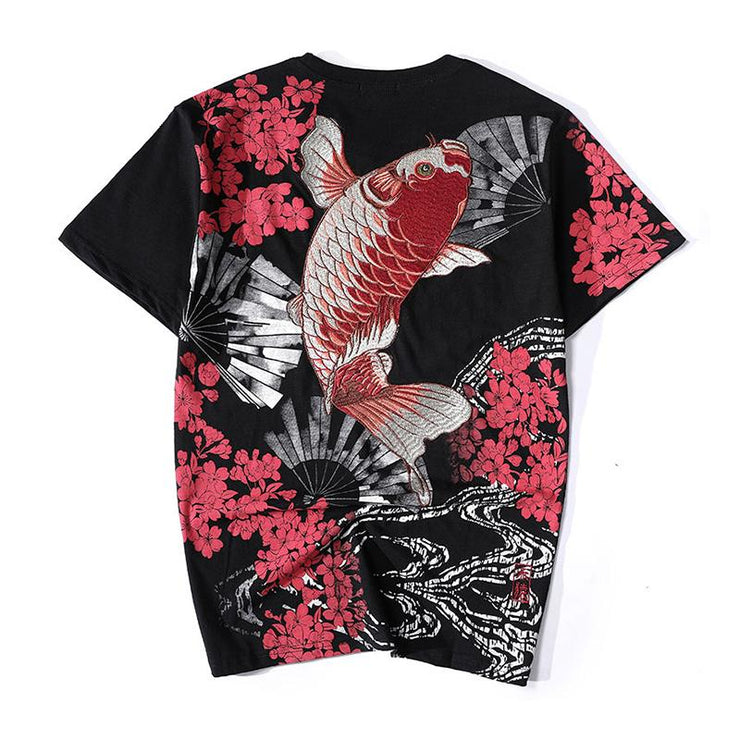 Folding Fan & Koi Embroidery T-Shirt