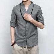 Grey V-Neck Causal Kimono Shirt (With Buttons)