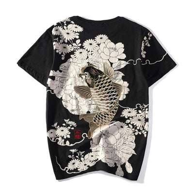Koi & Chrysanthemum Embroidery T-Shirt