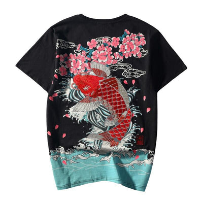 Red Koi Sakura Embroidery T-Shirt