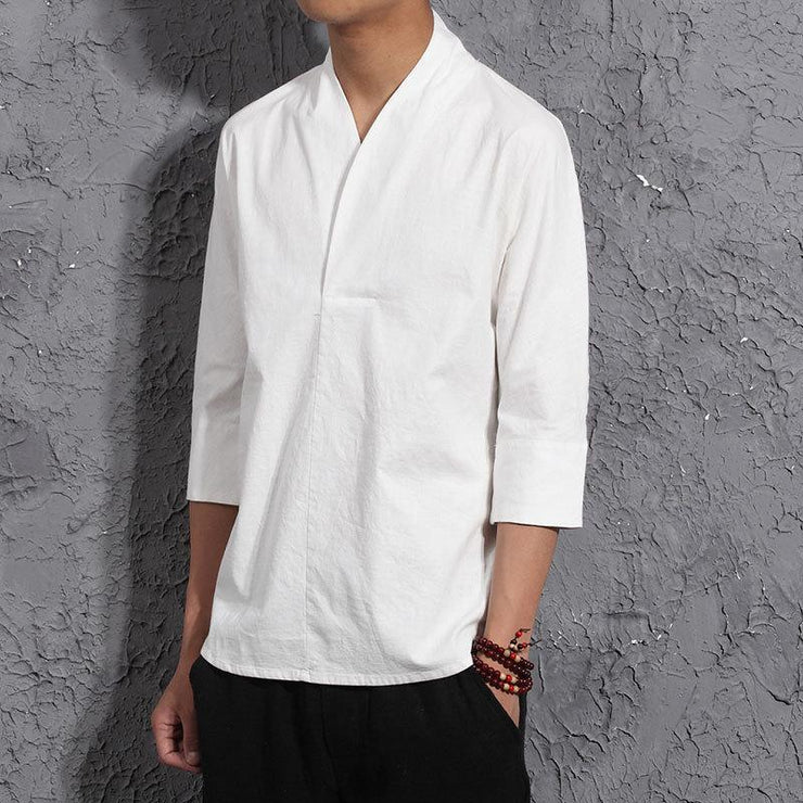 White V-Neck Causal Kimono Shirt (No Buttons) – Kimonoshi